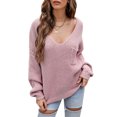 thumbnail image 1 of Suéter de punto suelto para mujer Jerseys Cuello en V Ahueca hacia fuera Tops casuales Abanopi Rosa/Pequeña, 1 of 7