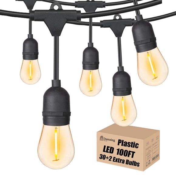 Outdoor String Lights LED 100FT with 30 Sockets 32 Shatterproof S14 Dimmable Plastic Vintage Edison Bulbs and Commercial Grade Waterproof Strand Light String Lights for Porch Market Cafe String Lights