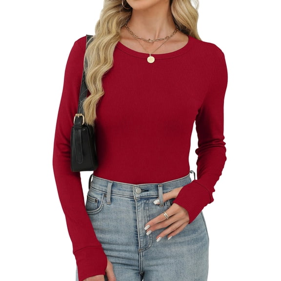 Felirenzacia Women's Red Ribbed Knit Pullover Top, Sweatshirt with Thumb Holes, V Neck Lapel Collar Shirt, S-2XL