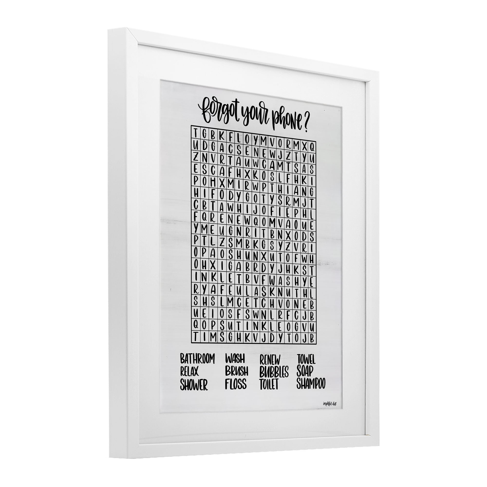 Stupell Industries Forgot Phone Bathroom Wordsearch White Framed Print Under Glass, design by Imperfect Dust