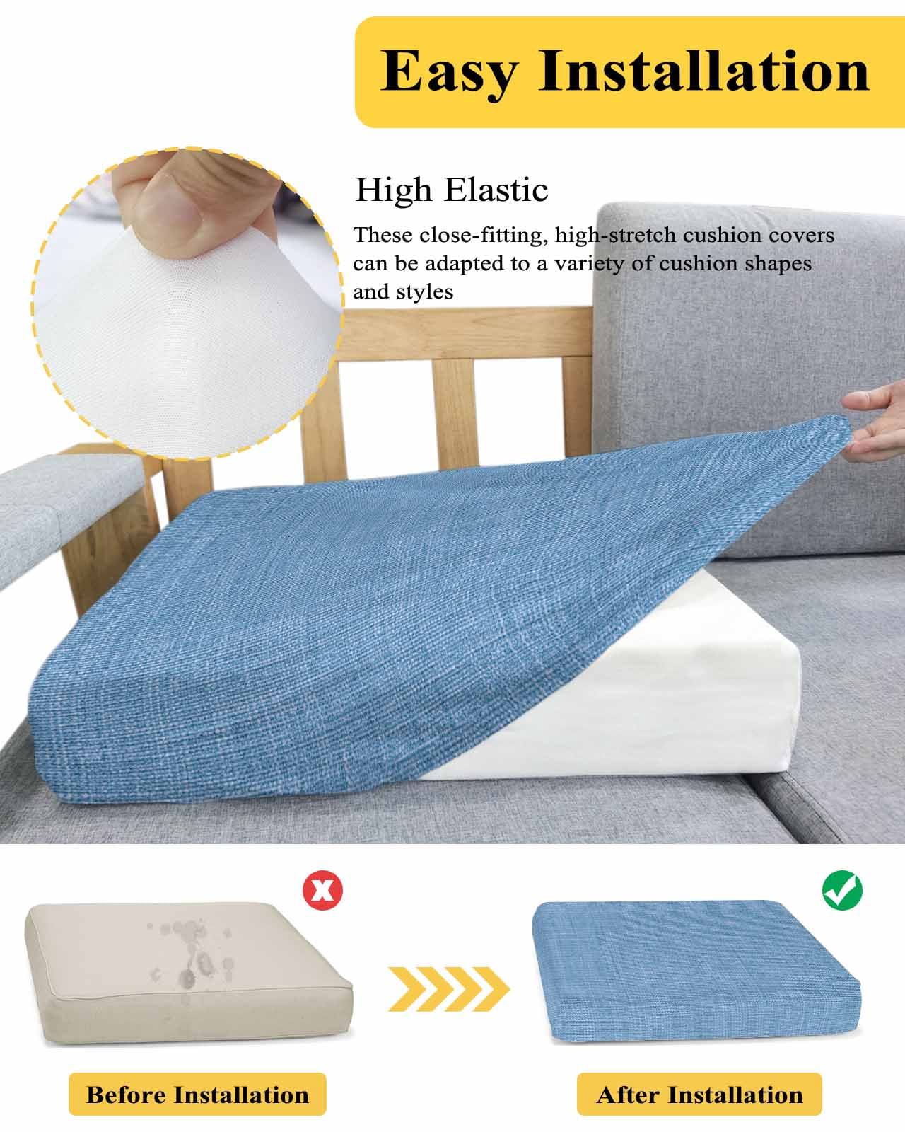 Blue Burlap Texture Couch Cushion Covers Stretch, Washable Sofa Seat Covers Individual Seat Cushion Sofa Slipcovers Farmhouse Vintage Blue Couch Cover Furniture Protector S-3PCS