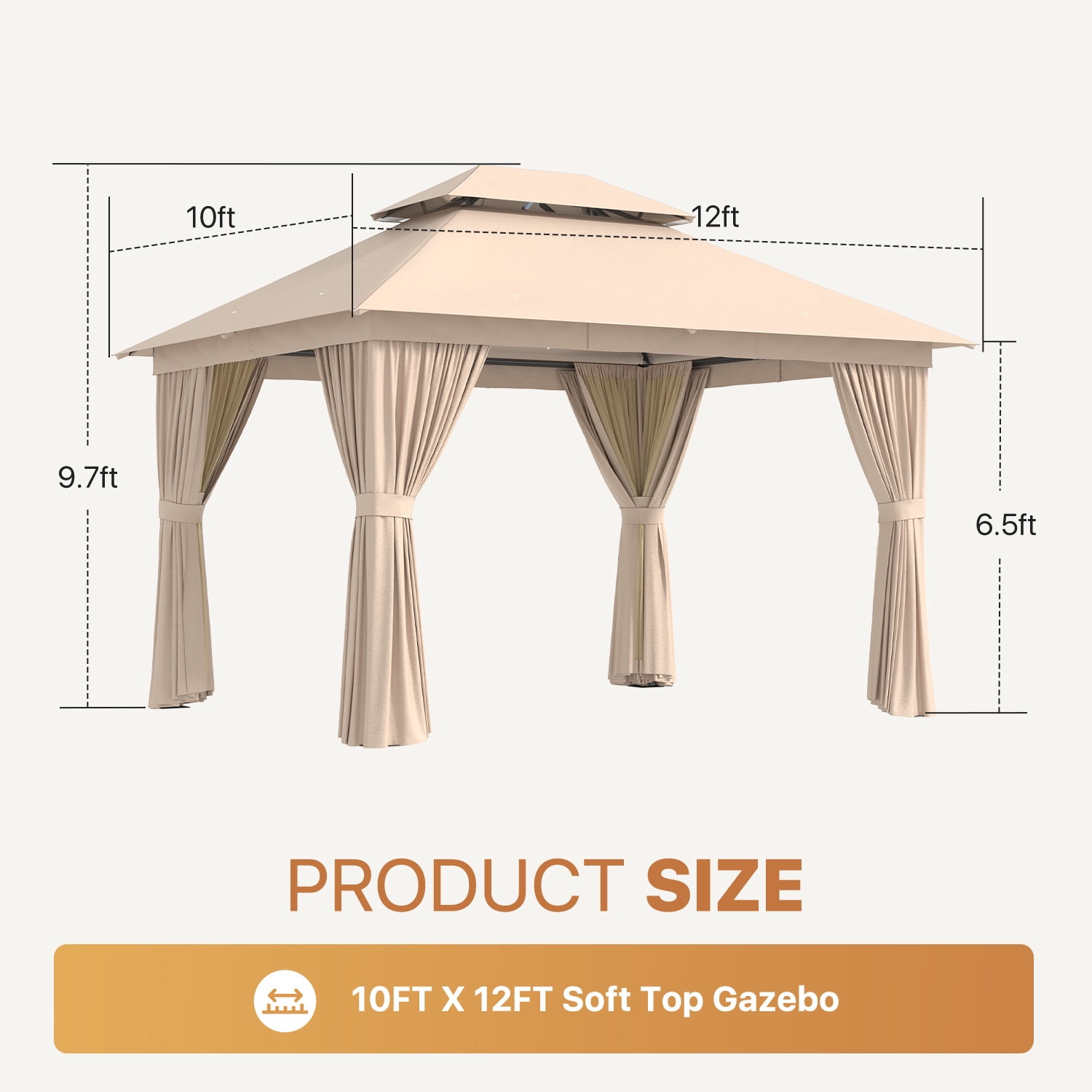 BaPiPro 10'x12' Patio Gazebo, Heavy Duty Double Roof Outdoor Canopy Tent, Mosquito Netting & Sidewall Curtains Included, UV/Wind Resistant Shelter for Garden, Deck, Backyard (Beige)