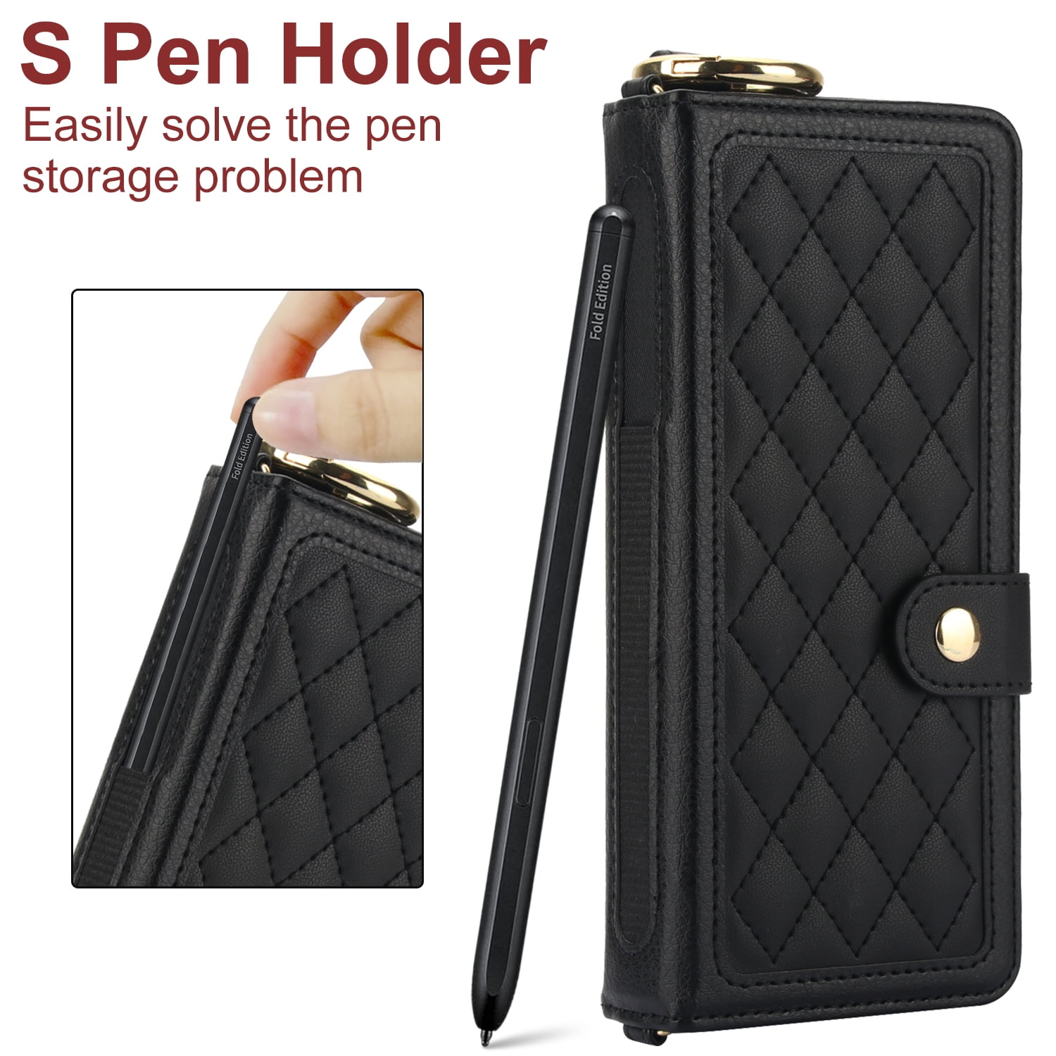REQO Flip Phone Case for Samsung Galaxy Z Fold 6,Multifunctional Leather Wallet Cover with Wrist Strap Long Shoulder Strap RFID Blocking Case,Black