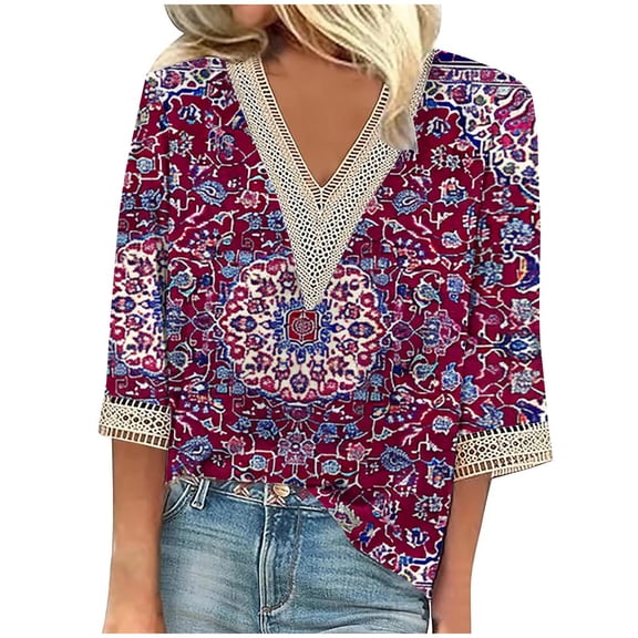BangWanChi 3/4 Length Sleeve Womens Tops Plus Size Tunic Fashion Women's Summer V-Neck 3/4 Sleeve Lace Print Casual T-Shirt Blouse