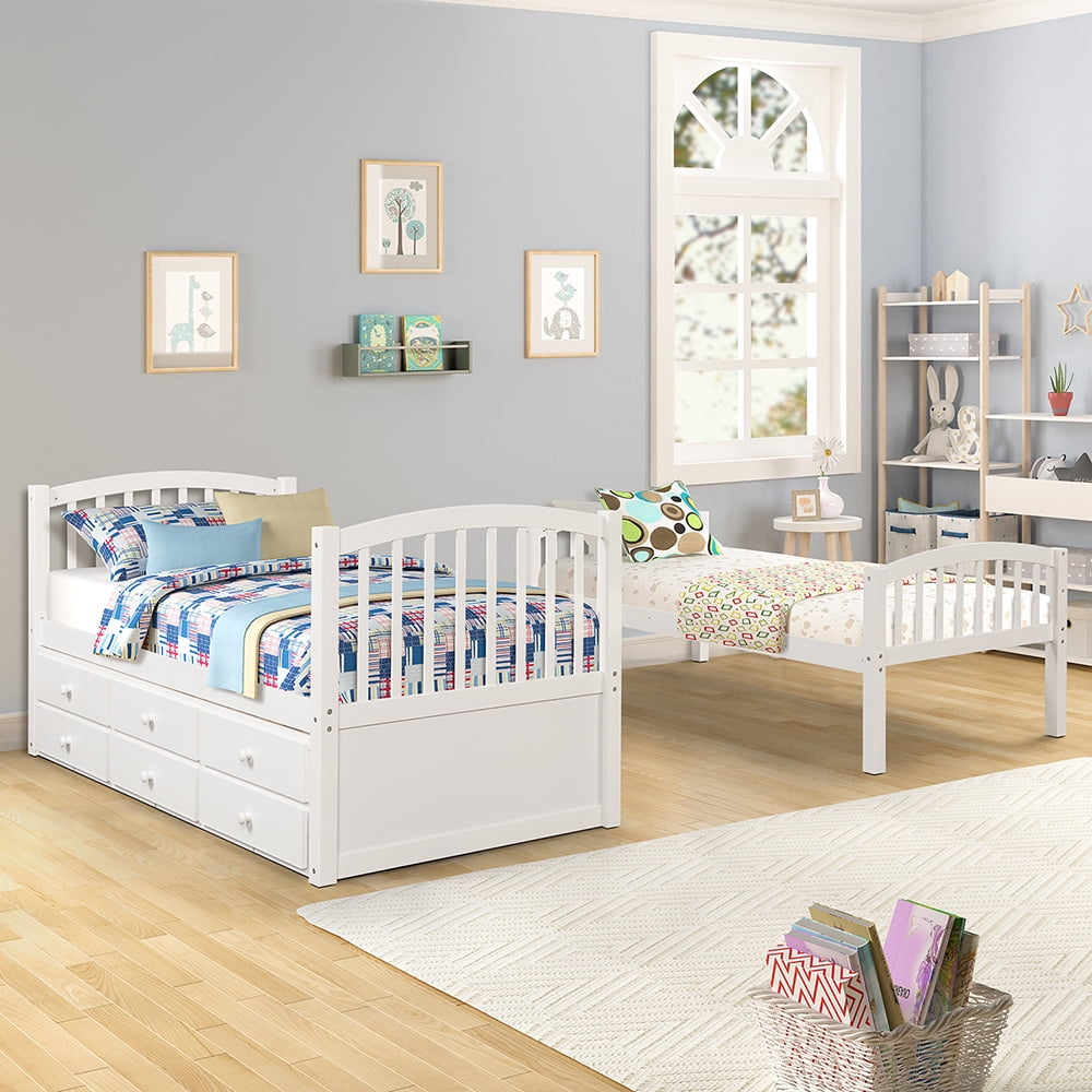 Lowestbest Twin Bunk Beds with Trundle and Ladder, Safety Rails, Twin Loft Beds with 3 Drawers for Kids, White