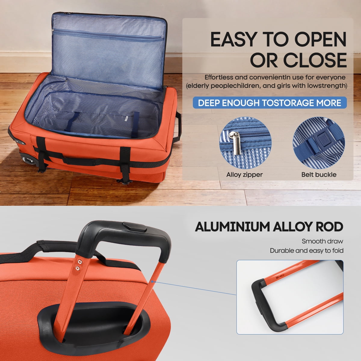 3 Piece Softside Luggage Set, Expandable Suitcases with Wheels, Heavy-Duty Waterproof Travel Bags, 20/26/30 in, Orange - TA069