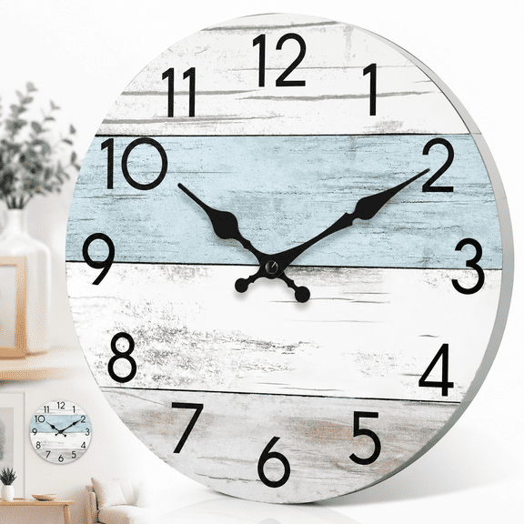 Emlimny Wall Clock Silent Non-Ticking Wooden Clocks Battery Operated 8 Inch Small Country Retro Rustic and Beach Style Decorative for Kitchen, Home, Bathroom, Bedroom (Blue)