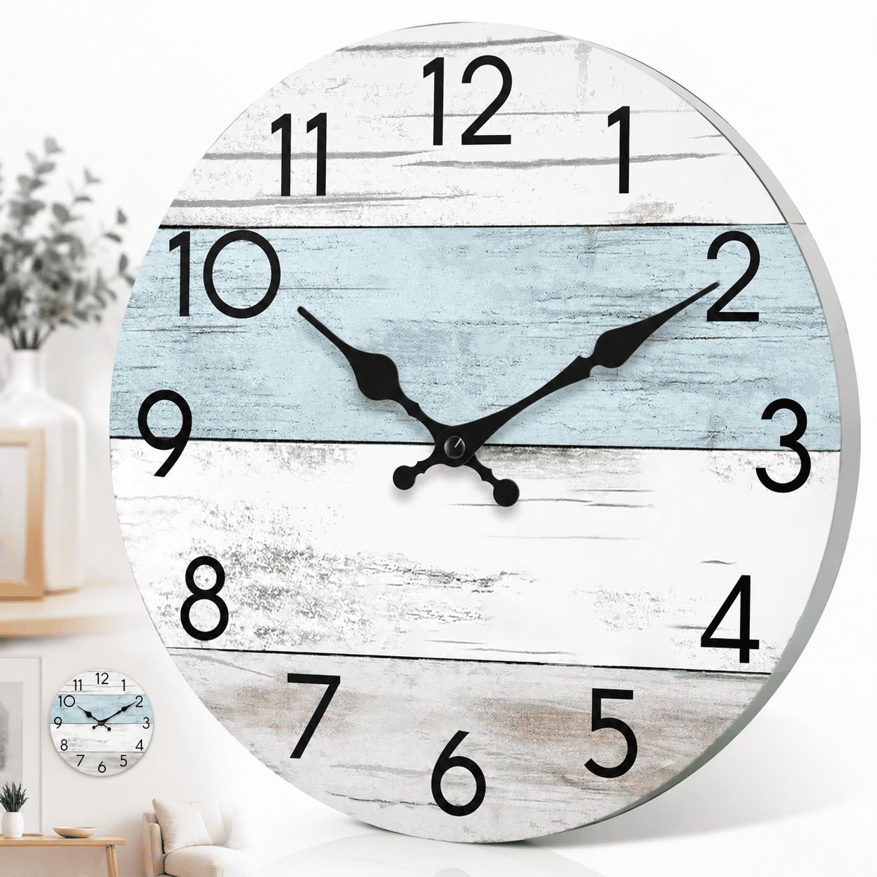 Emlimny Wall Clock Silent Non-Ticking Wooden Clocks Battery Operated 8 Inch Small Country Retro Rustic and Beach Style Decorative for Kitchen, Home, Bathroom, Bedroom (Blue)