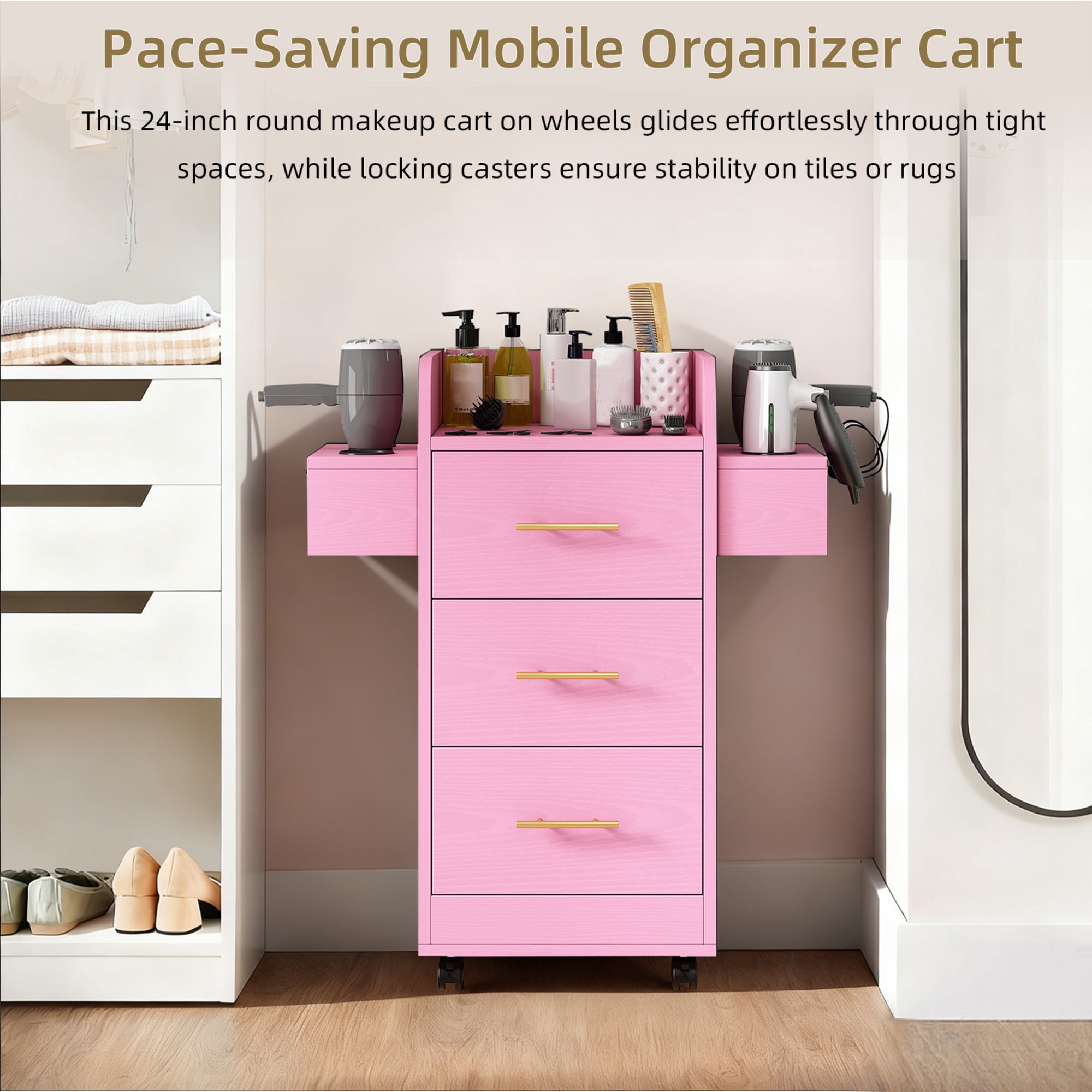 4 EVER WINNER Pink & Gold Barber Storage Cabinet with Gold Handles, Rolling Salon Station with 3 Drawers & 6 Tool Holders, Stylish Movable Cart for Hair Styling Tools