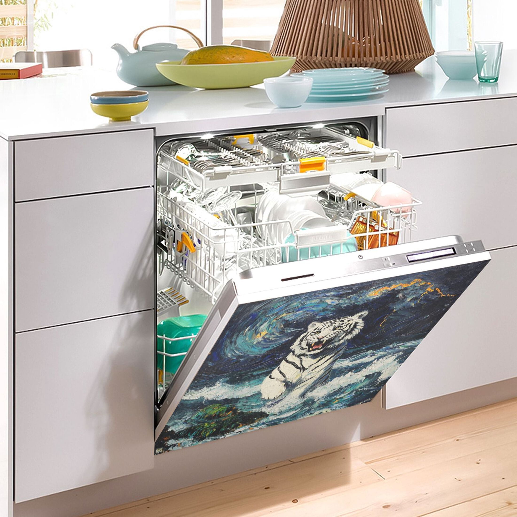 Dishwasher Magnetic Sticker 23x26 Inch Refrigerator Magnetic Sticker Washing Machine Magnetic Sticker Kitchen Panel Magnetic Sticker Home Decor Beautiful White Tiger