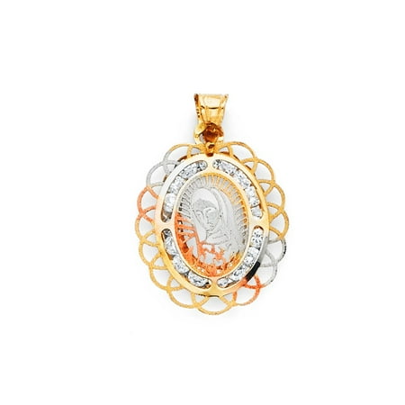 - Guadalupe 14k Yellow Gold CZ Pendant Classic Virgin Mary Religious 30 x 15mm Charm Medallion