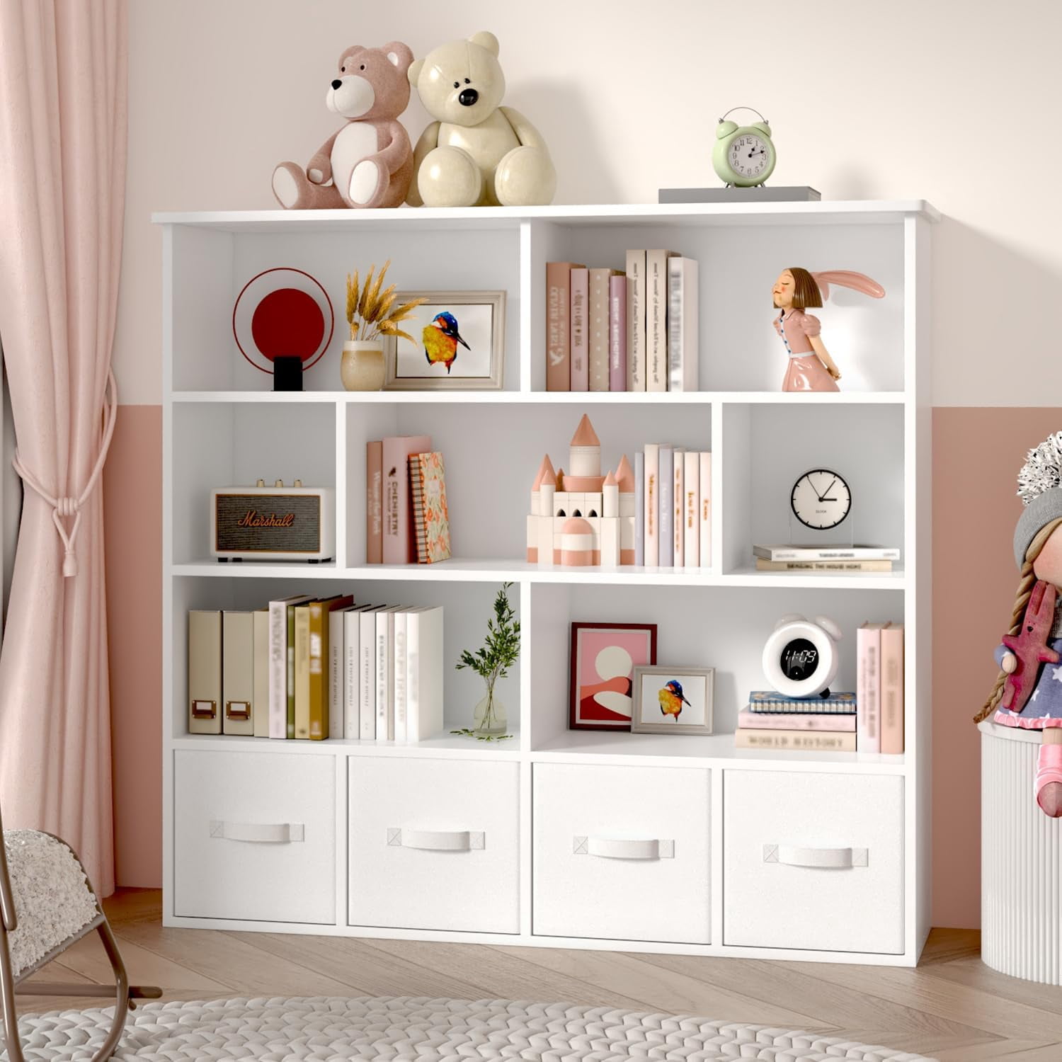 Erinnyees Kids Toy Organizer: 4-Drawer Bookshelf with 7 Cubbies, White