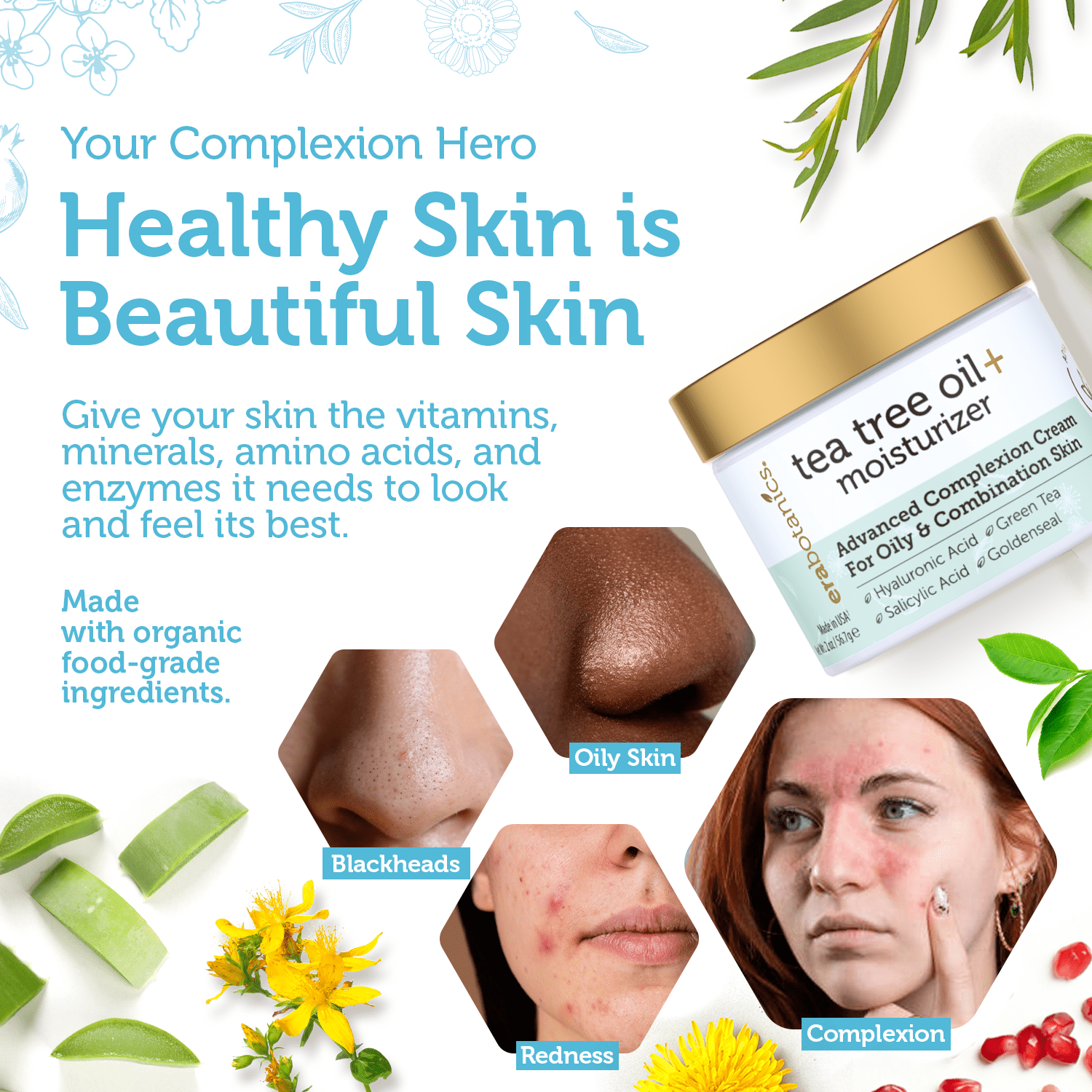 Era Organics Tea Tree Oil Face Cream - For Oily, Acne Prone Skin, Extra Soothing & Nourishing Non-Greasy Botanical Facial Moisturizer with 7X Ingredients For Rosacea, Cystic Acne, Blackheads & Redness
