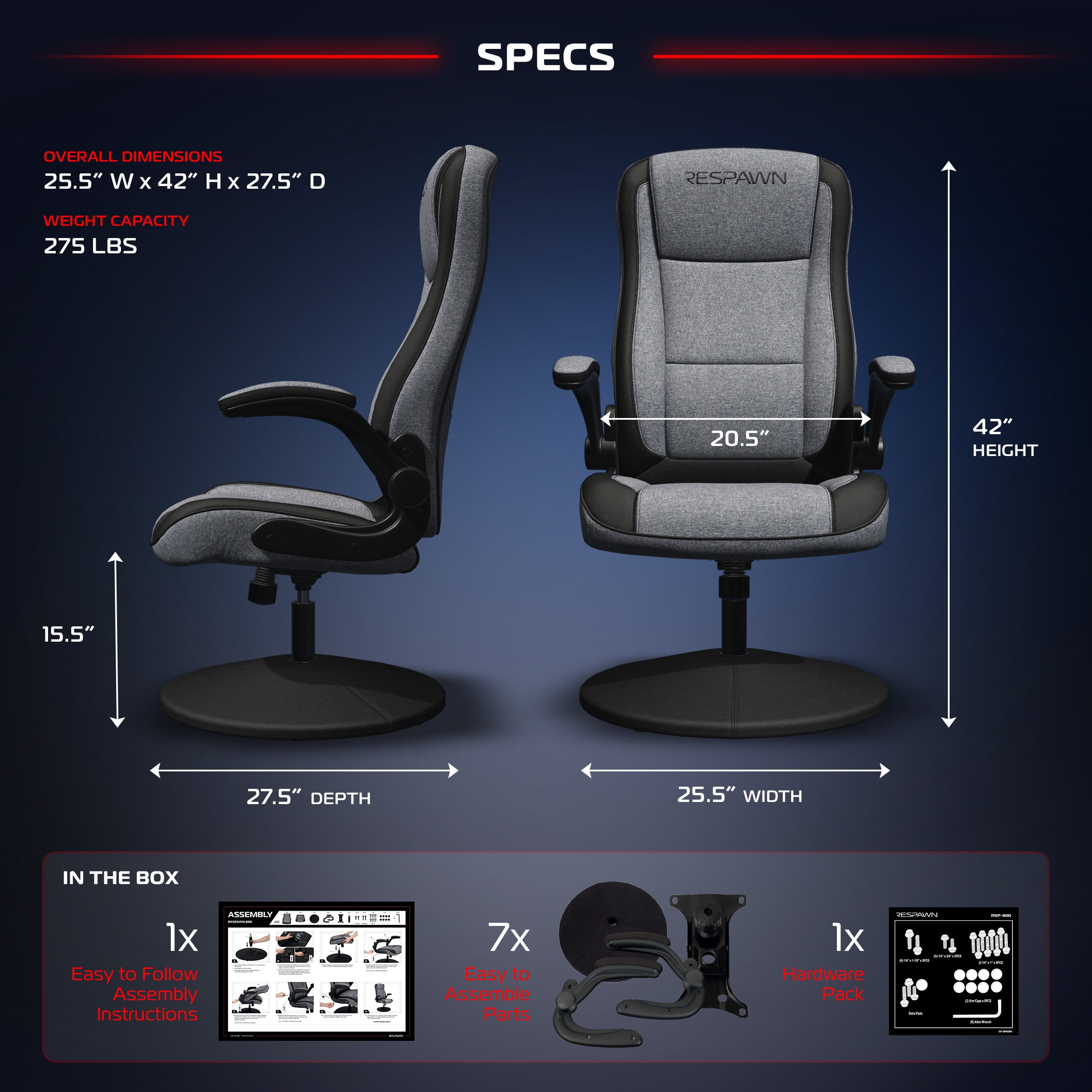 RESPAWN 800 Swivel Rocker Gaming Chair - Ergonomic Floor Gaming Seat with Lumbar Support, Flip Up Armrest, High Back, Pedestal Base, Comfortable No Wheels Consle Video Game Rocker Chair - Gray Fabric