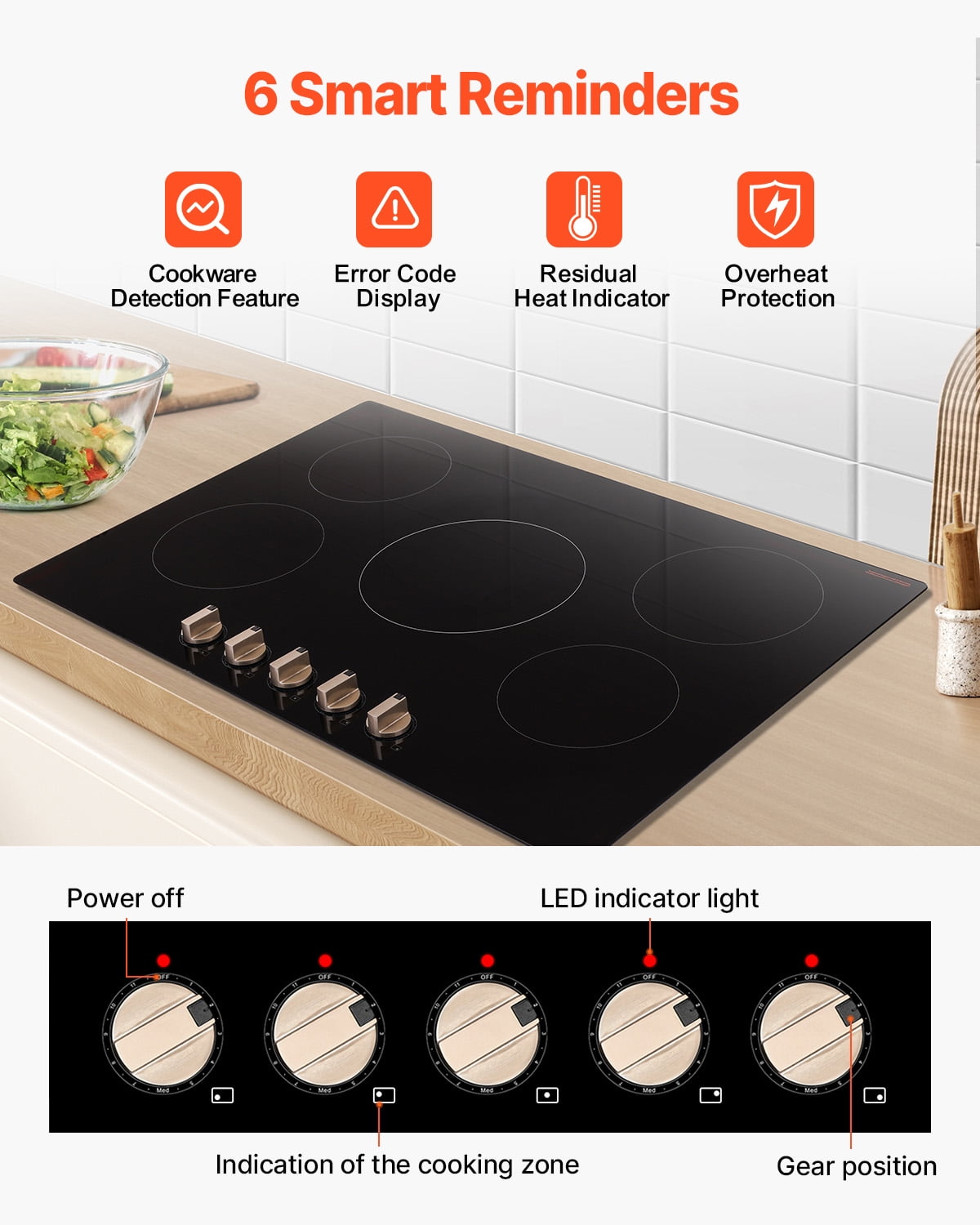 KFFKFF Induction Stove, 9200W Electric Kitchen Burner, 5 Control Knobs, Integrated Induction Stove with 12 Heat Levels, Glass Top, Automatic Power-Off