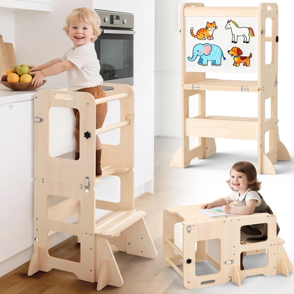 Banco Escalón Plegable para Cocina Infantil Woodure 4 en 1 con Pizarra Blanca