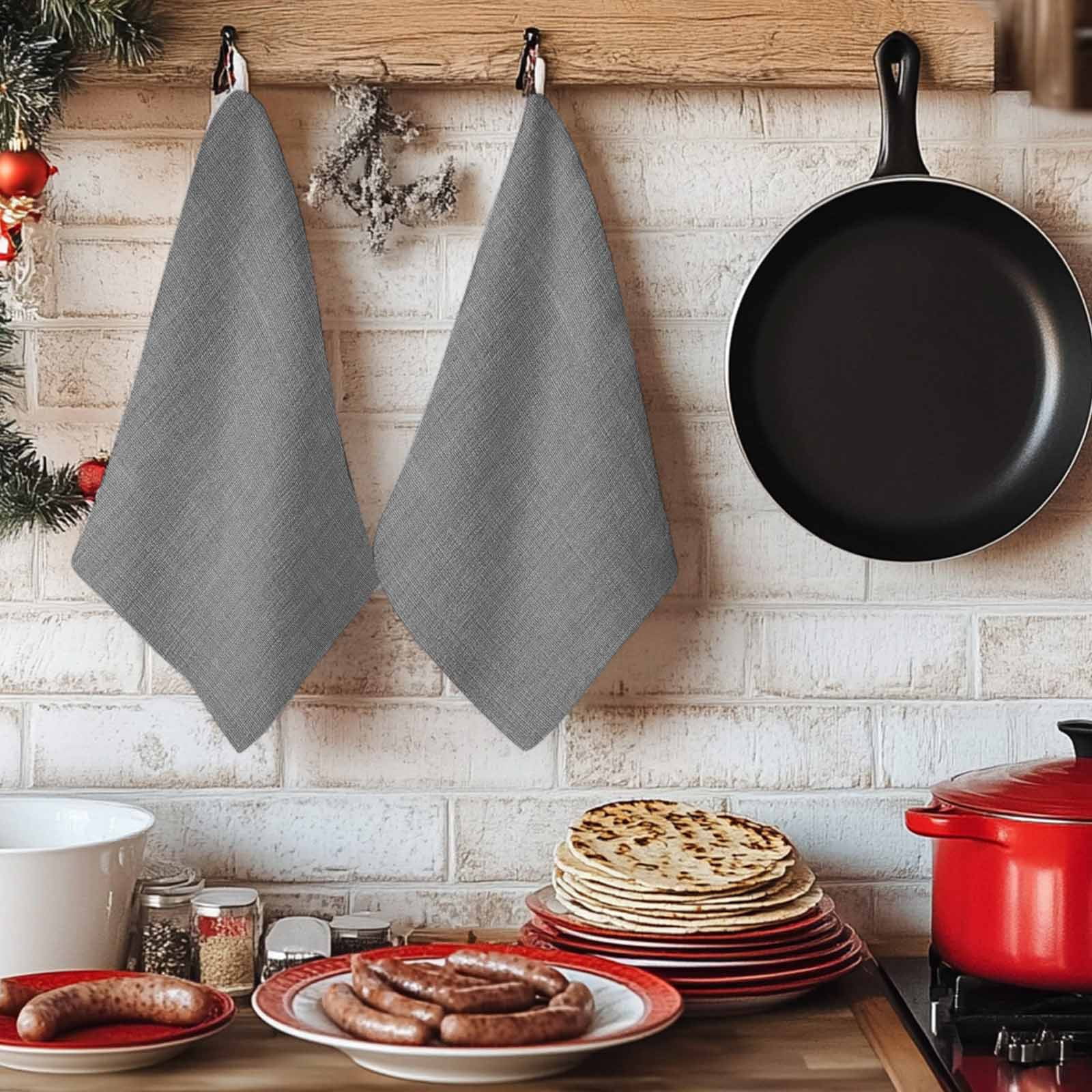 Dark Gray Kitchen Towels Set of 3, Farmhouse Burlap Solid Grey Color Modern Linen Texture Soft Microfiber Dish Towels, Absorbent Washable Dishcloths for Kitchen Cleaning, Drying Dishes, 18x28 Inches