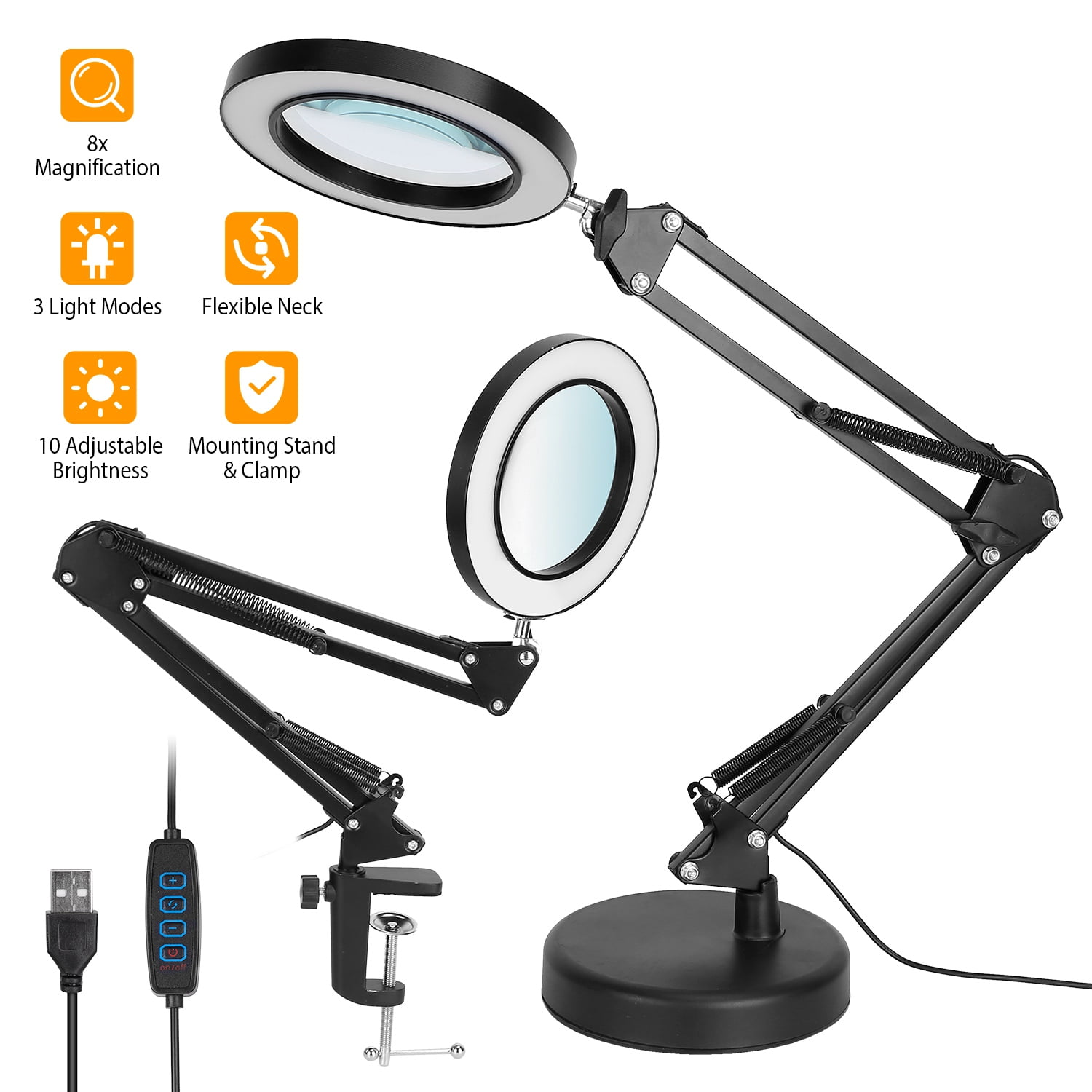 Magnifying Glass Lamp Dylviw 2x Magnifier Light with Metal Clamp Table Base Holder USB Powered Classic Black Portable Clip Desktop Magnifying Lamp