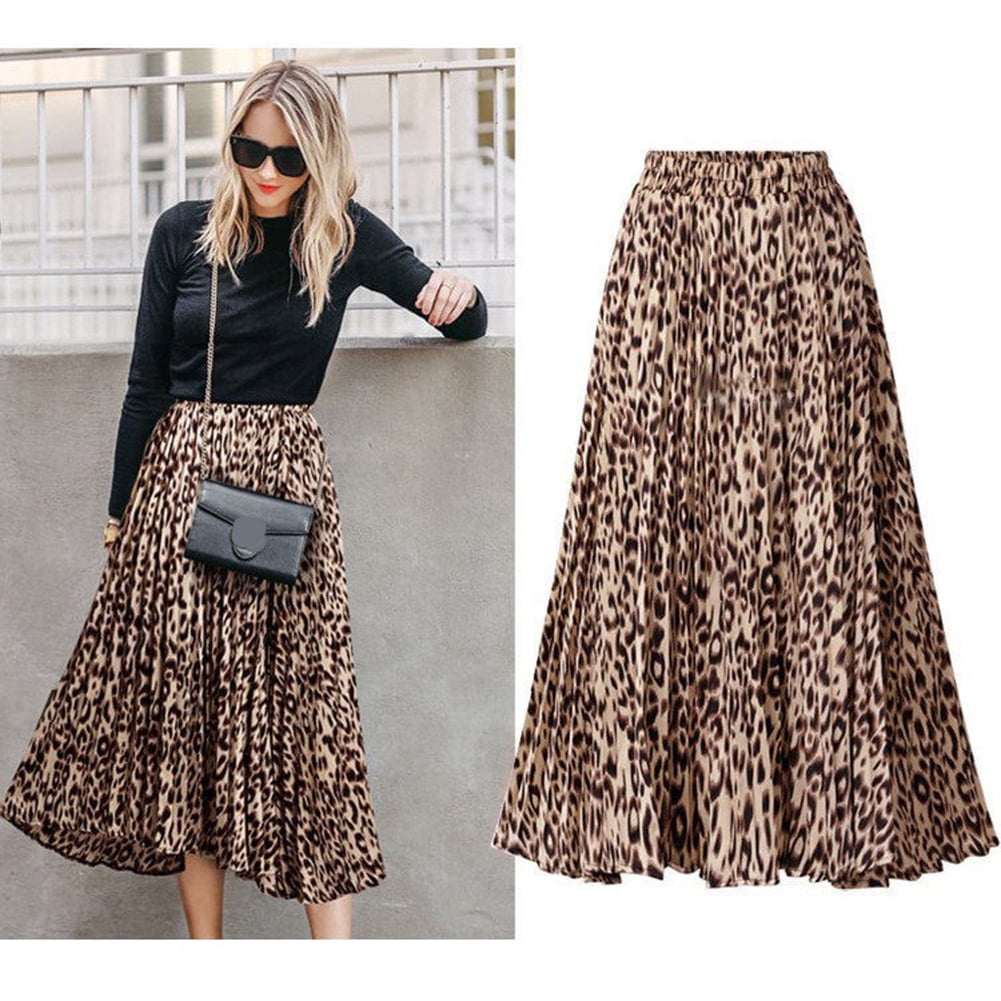 leopard print long pleated skirt
