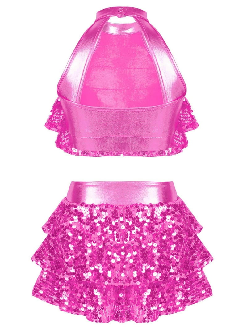 HULIJA Kids Girls Sequin Metallic Crop Top with Skirt Set Jazz