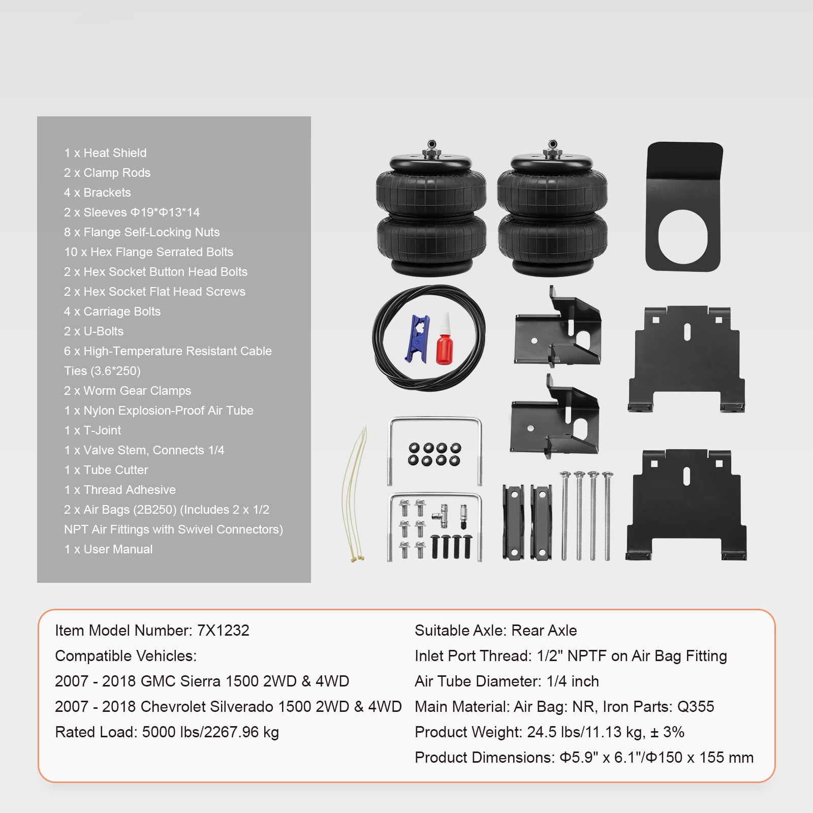 KFFKFF Air Suspension Kit, Compatible with 2007-2018 Chevrolet Silverado 1500 and GMC Sierra 1500 2WD/4WD, 5000 lbs Load Capacity, Adjustable 5-100 PSI