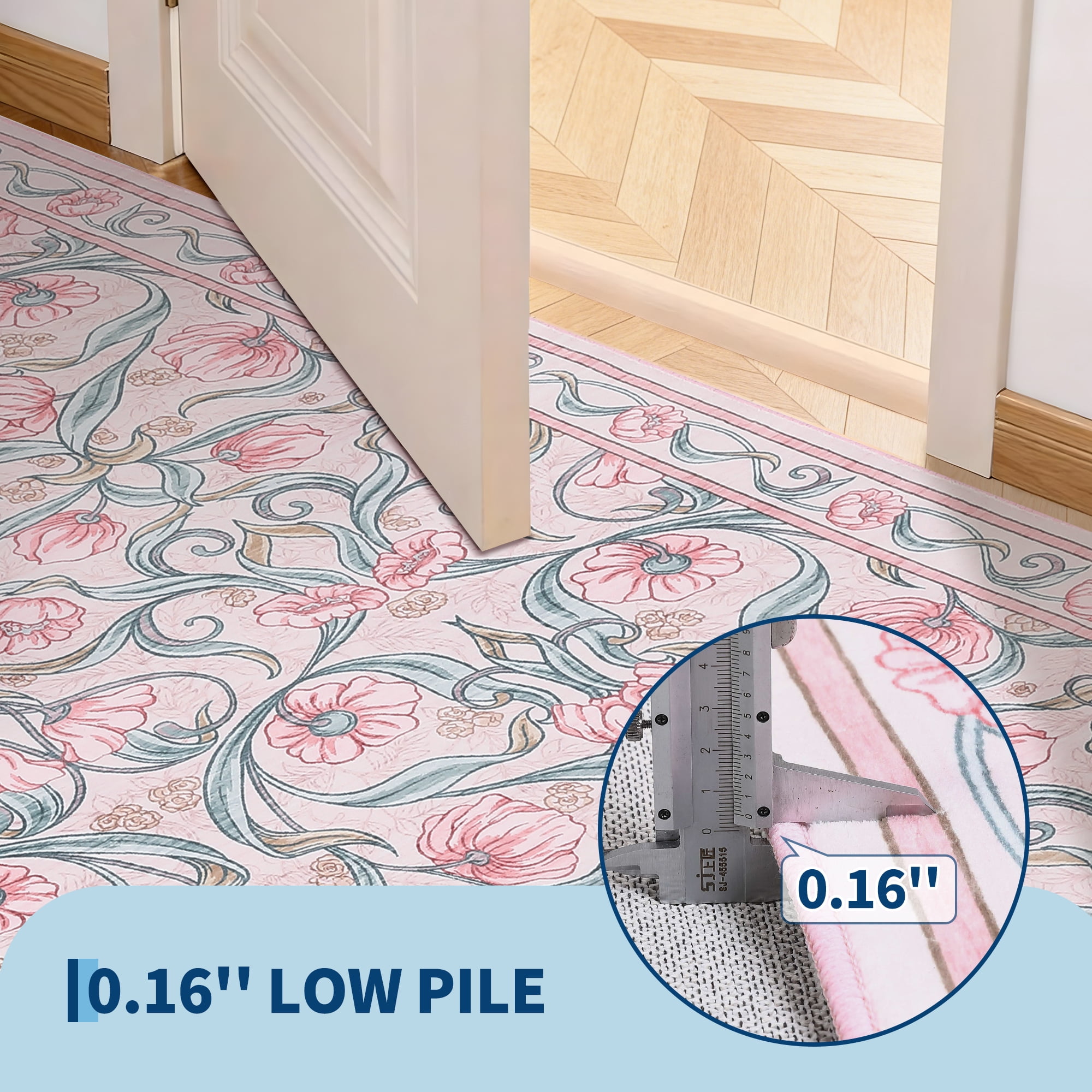 Memoryfield Modern Floral Area Rug 10' x 13', Washable Floor Cover, Soft Low-Pile Non-Slip Carpet, for Living Room Bedroom Dining Room, Pink