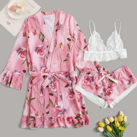 Womens Soft Pajama Clearance- Silk Satin Bathrobes Sexy Printed Plus Size Robe Sleepwear Pink Size L