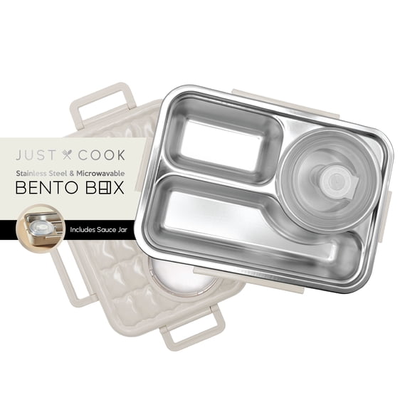 Just Cook Microwave Safe Stainless Steel Bento Box with Sauce Jar 1050 ml (Coconut Milk)