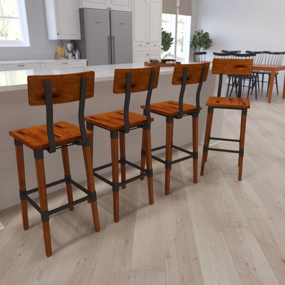 Merrick Lane Bar Height Dining Stools with Steel Supports and Footrest in Walnut Brown - Set Of 4