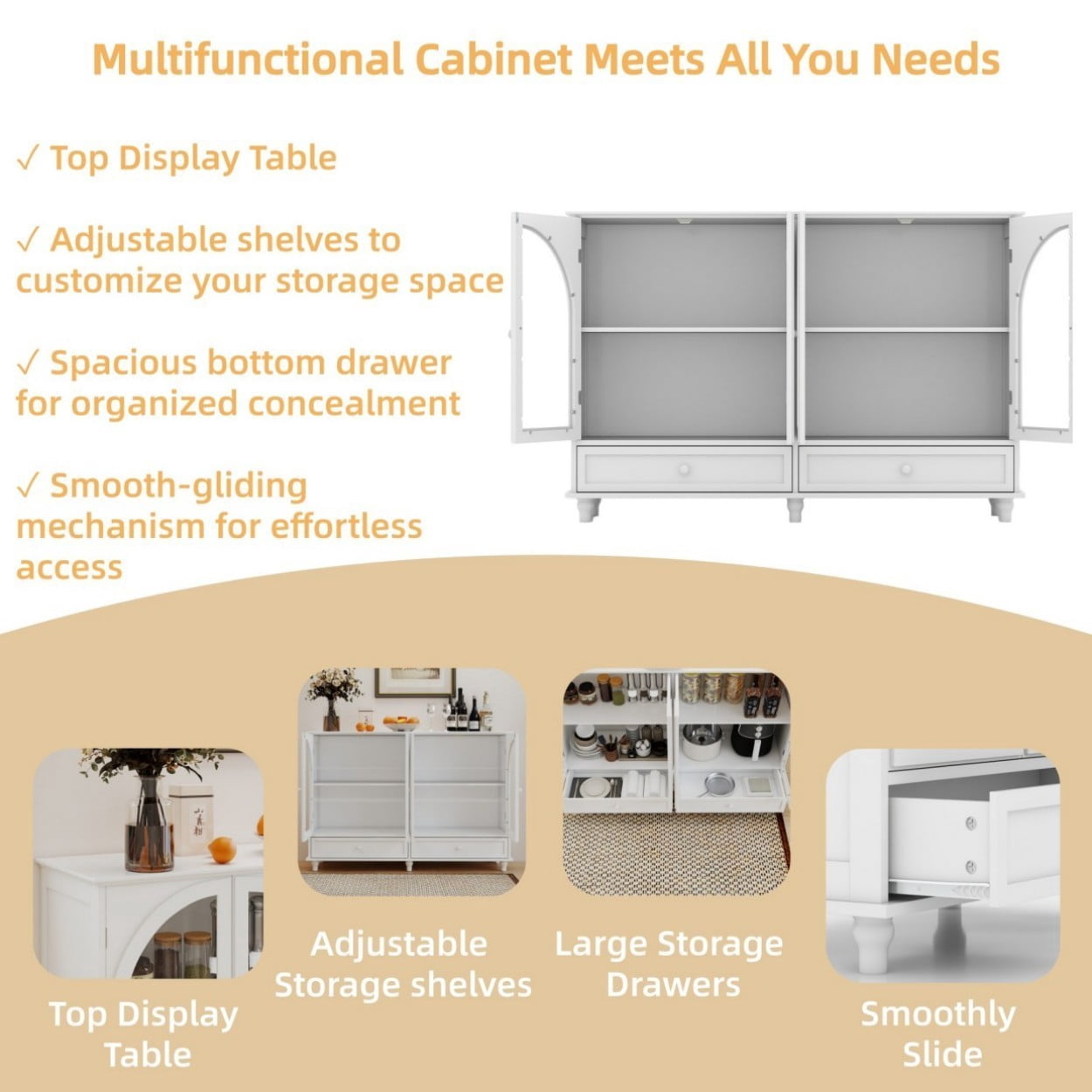 White Arched Glass Sideboard Cabinet, Buffet Storage Cabinet with 4 Glass Doors & 2 Drawers, Adjustable Shelf Credenza for Kitchen Dining Room Living Room