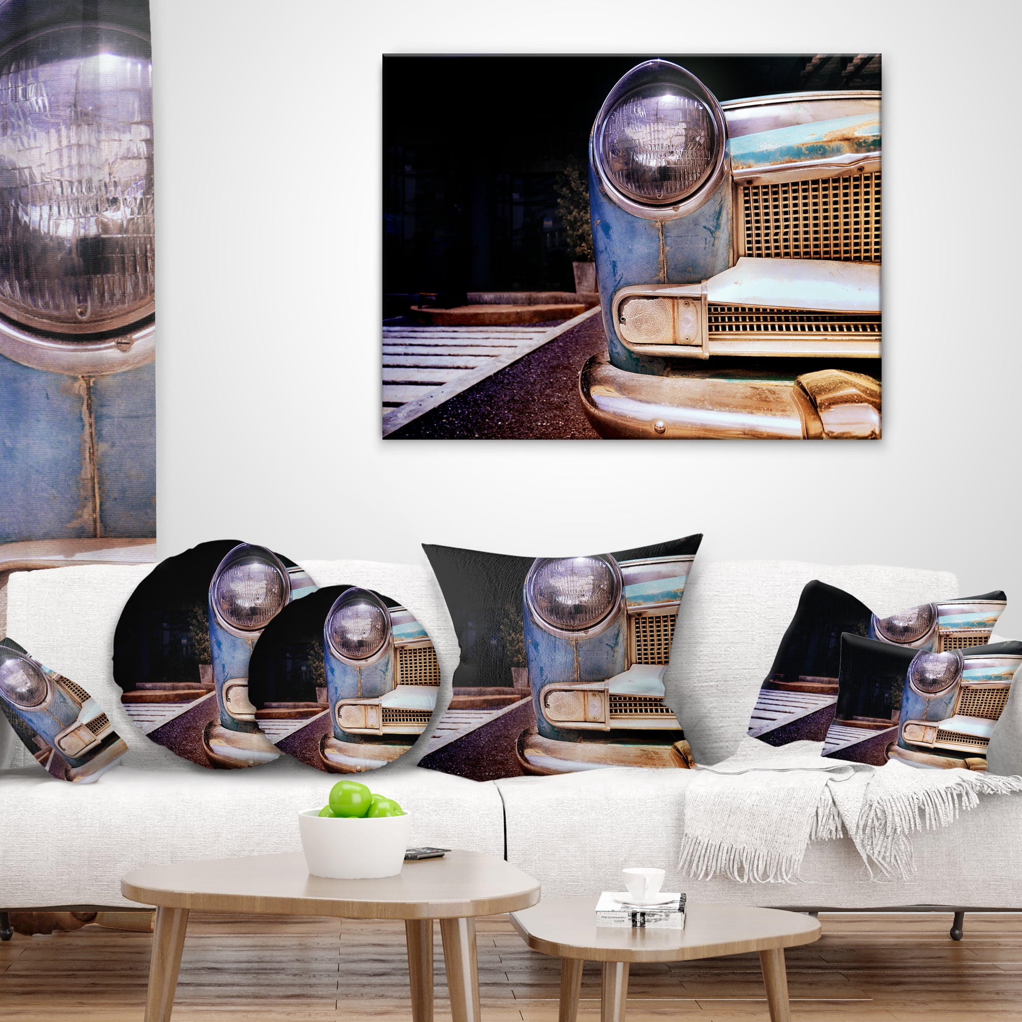 Designart Front Headlight Of Vintage Car - Cars Throw Pillow - 18x18