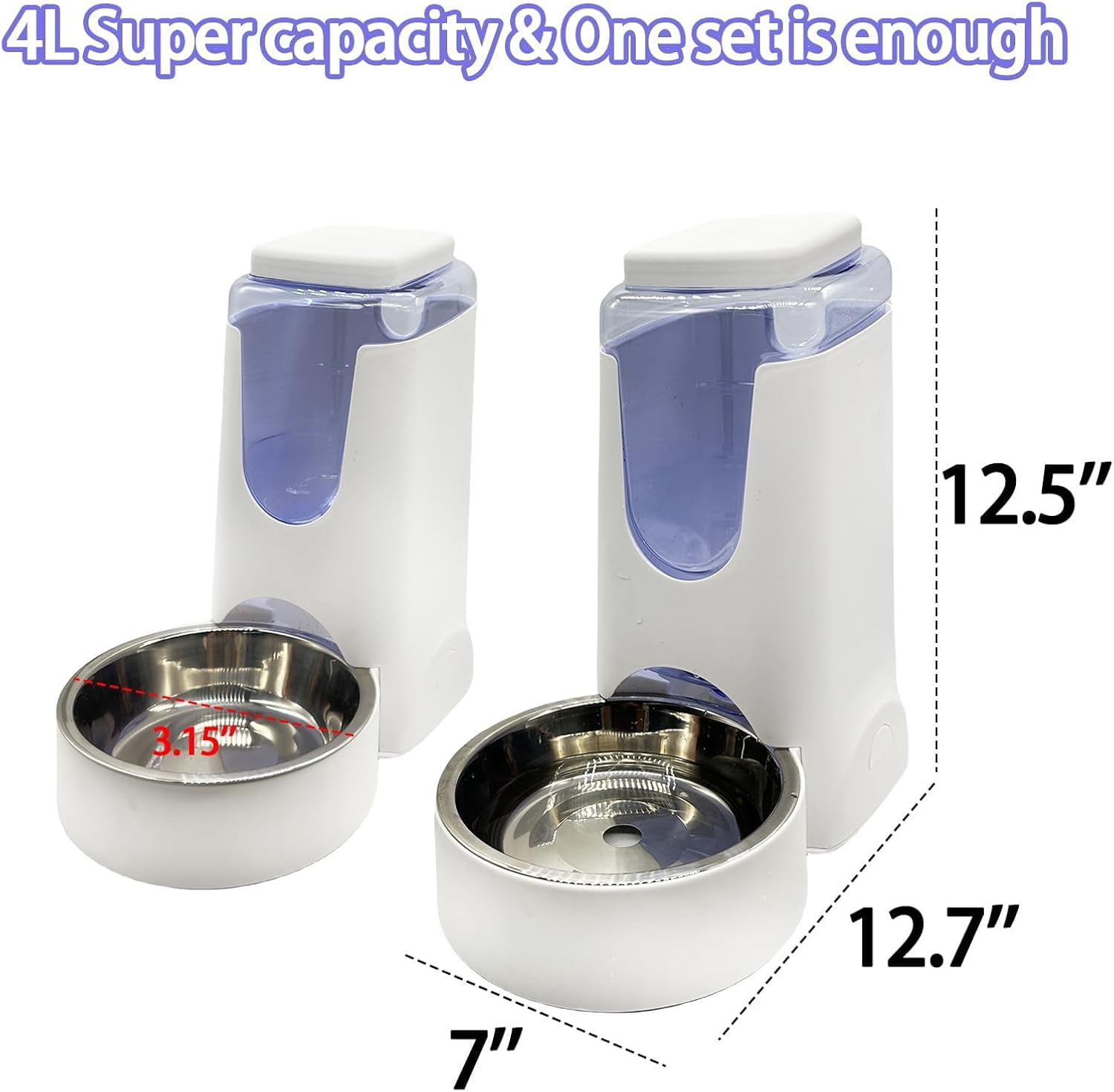 Pets Automatic Gravity Feeder Dogs 2.8L Food & 4L Water Dispenser Set with Stainless Steel Bowl for Medium Big Dog Cat (White)