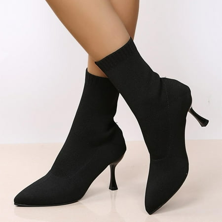 

ZMHEGW Boots For Women Ladies Solid Color Breathable Knit Pointed Toe Thin High Heel Short Boots Shoes