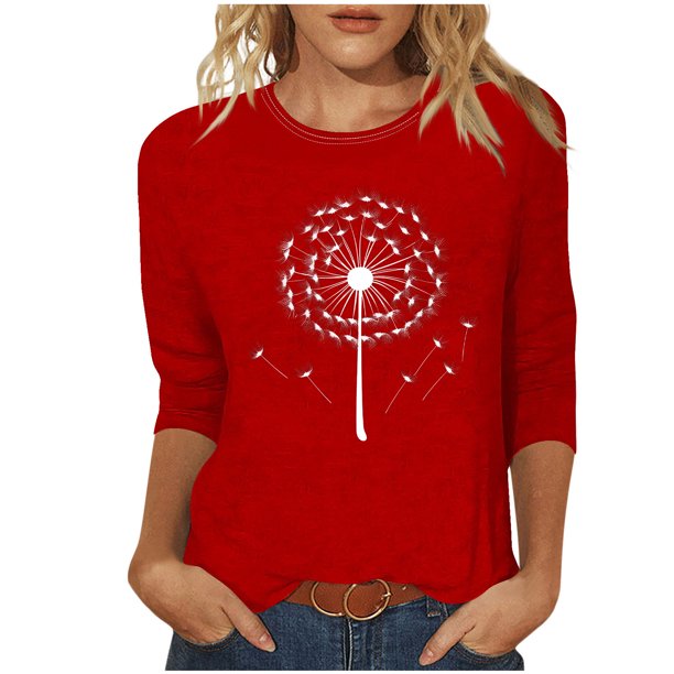 Tops de Cuello Redondo para las Mujeres Moda Impresa 3/4 Mangas Blusa Casual Top, Estante de Imitación