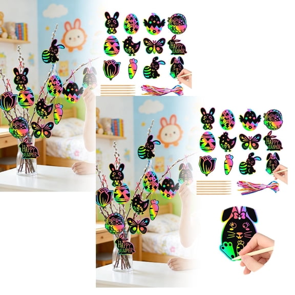 2Pcs Easter Scratch Cards DIY Magic Rainbow Color Scratch Art Sets Easter Crafts Fun Spring Classroom Art Activities Spring Hanging Ornaments Basket Stuffers Party Supplies Gifts