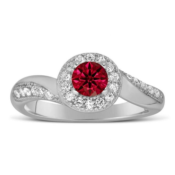 Antique Designer 1.75 Carat Round Shape Red Ruby Moissanite Diamond Engagement Ring for Her in 10k White Gold