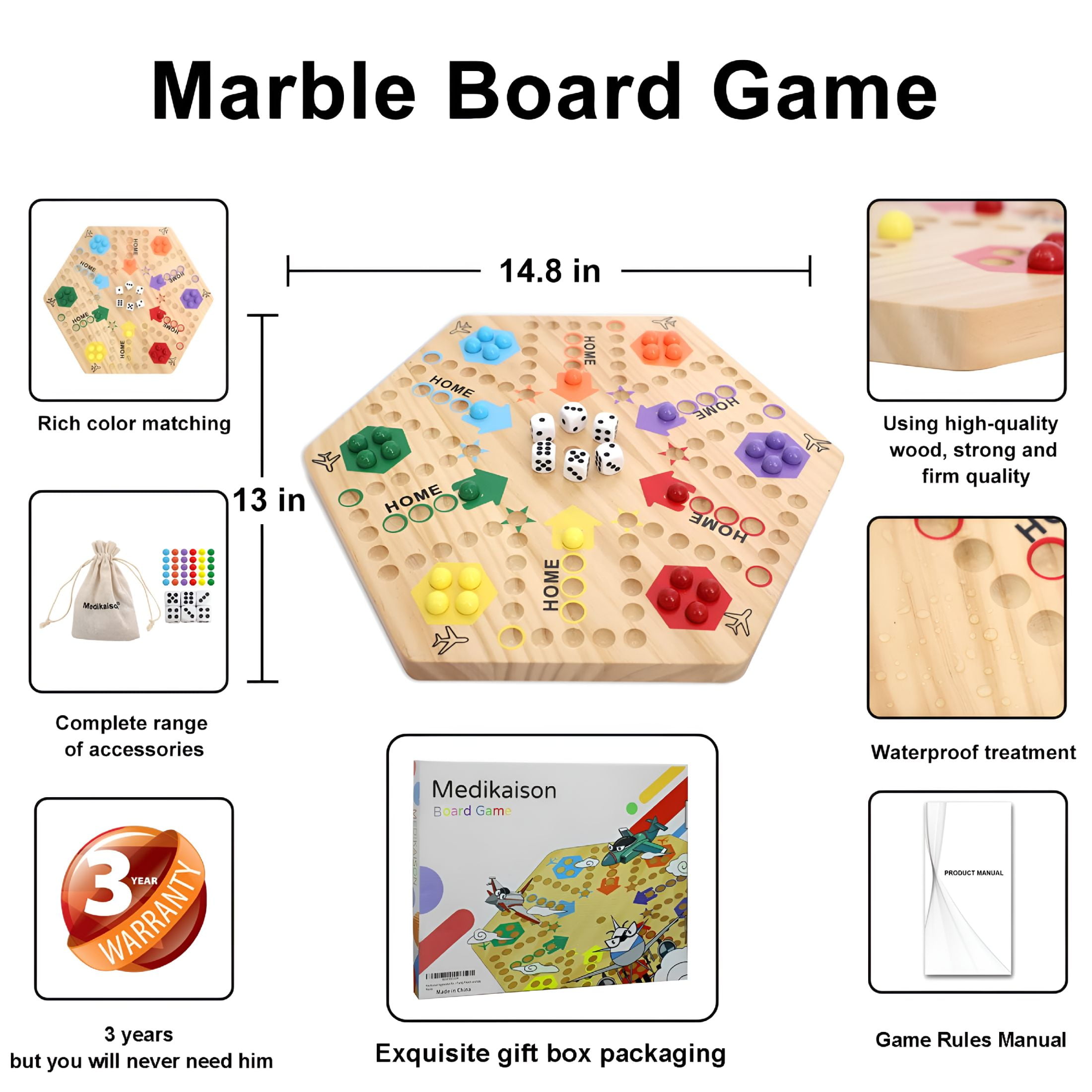 BESTSKY 2026 New Original Marble Game Board Game Double Sided Painted Wooden Fast Track Board Game for 6 and 4 Players 6 Colors 24 Marbles 6 Dice for Family Friends