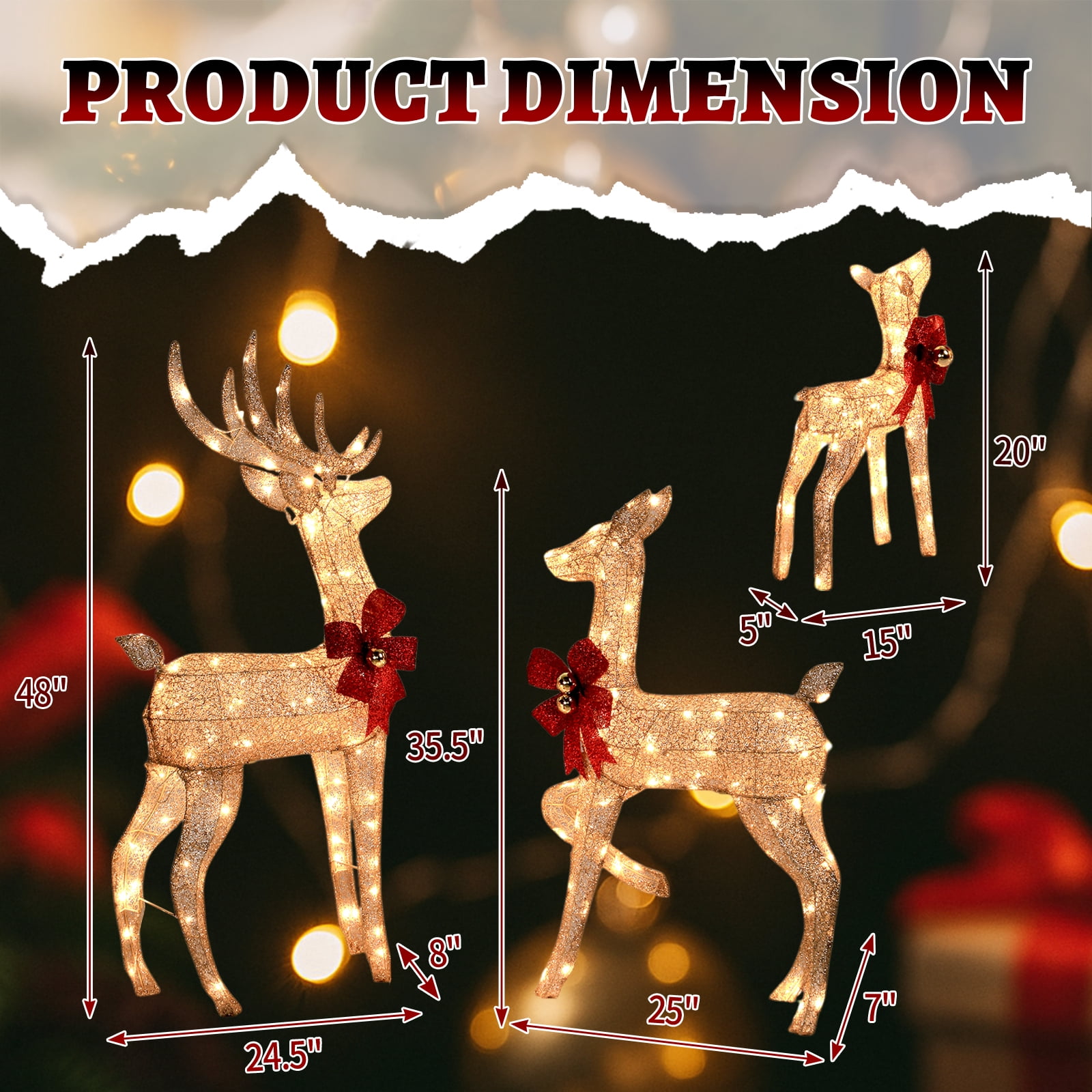 Astoutdoor 3-Piece Family Elk Decoration, Champagne Iron Frame, 22.44 in Length, 18.11 in Width, 14.57 in Height
