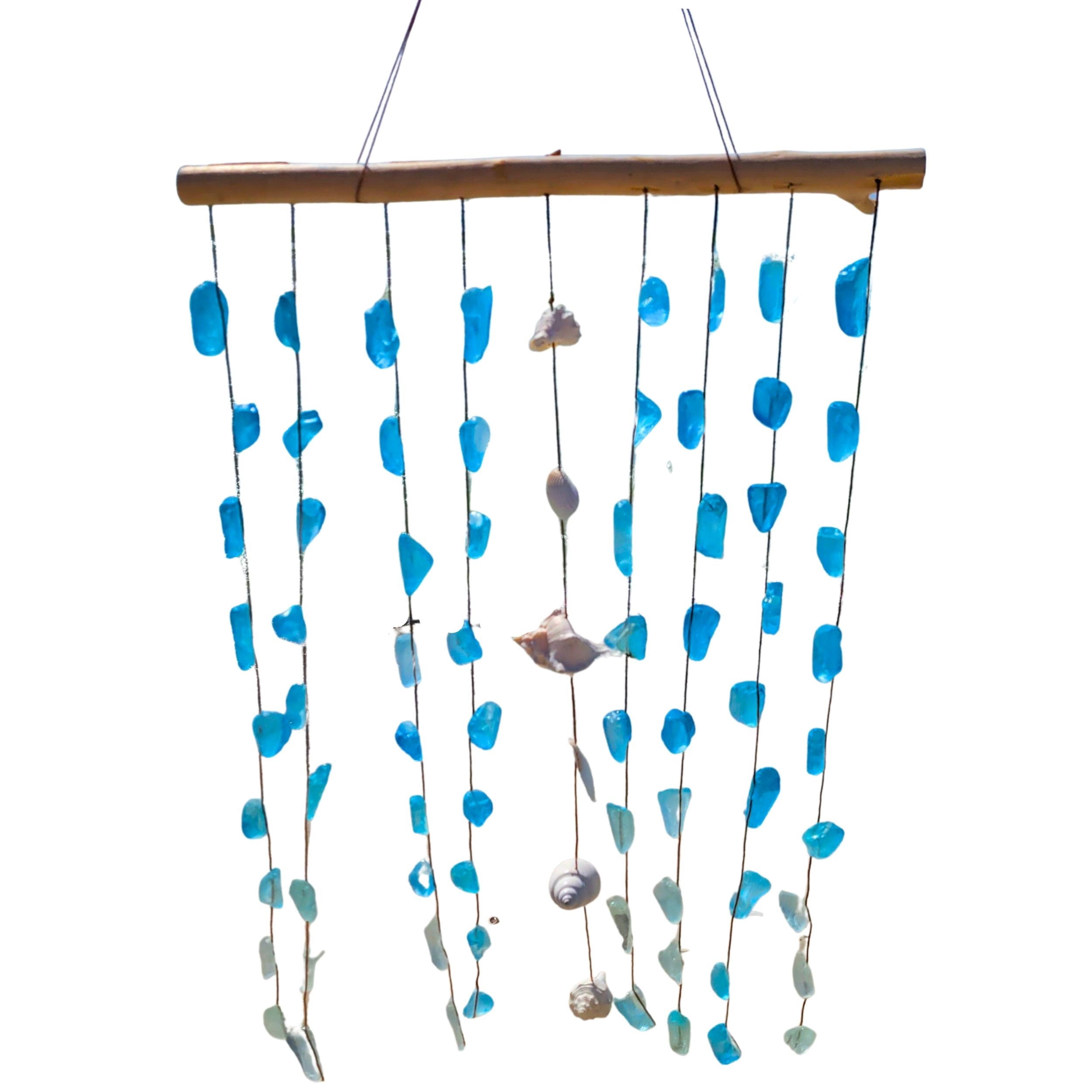Blue Sea Glass Hanging Wind Chimes Wall Art, Handcrafted with Natural Seashells & Blue Seaglass & Driftwood