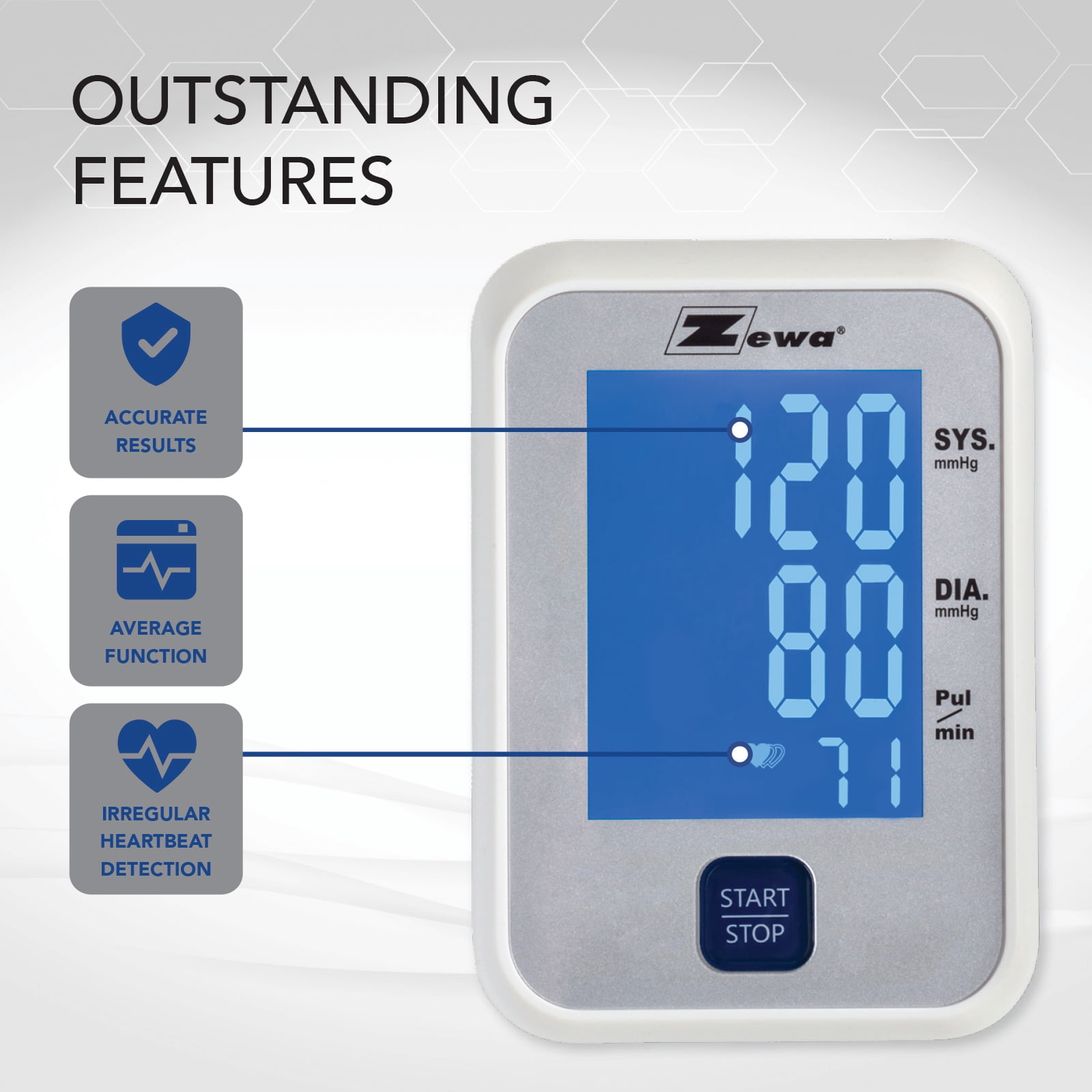 Zewa Bluetooth Arm Blood Pressure Monitor | 60-Reading Memory | Irregular Heartbeat Detection | Illuminated Display | Adjustable Cuff (8.7”-16.5”) | Includes Batteries