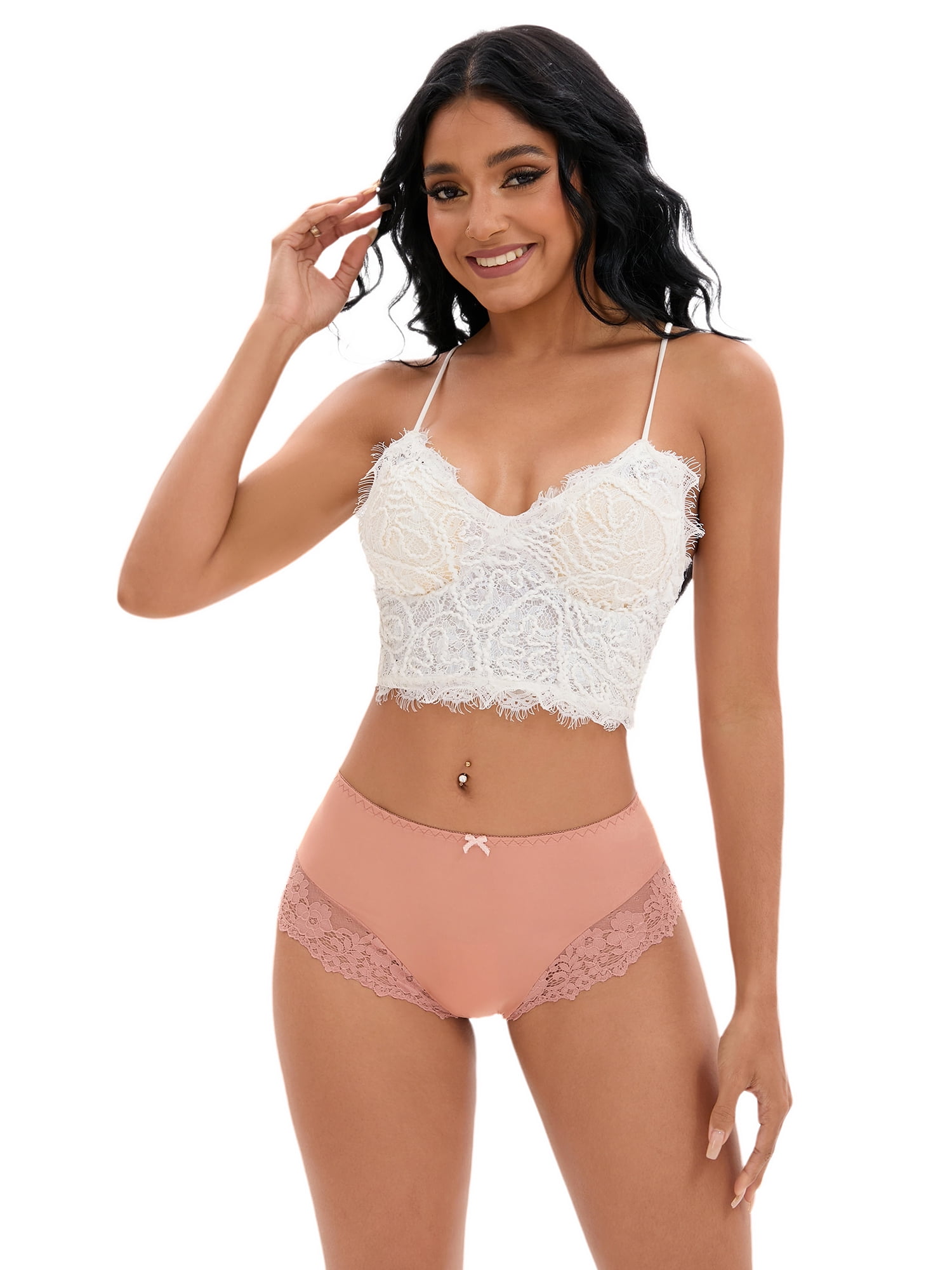 DARING DIVA Women's Lace Underwear Mid-Waisted Briefs Full Coverage Panties S Camel