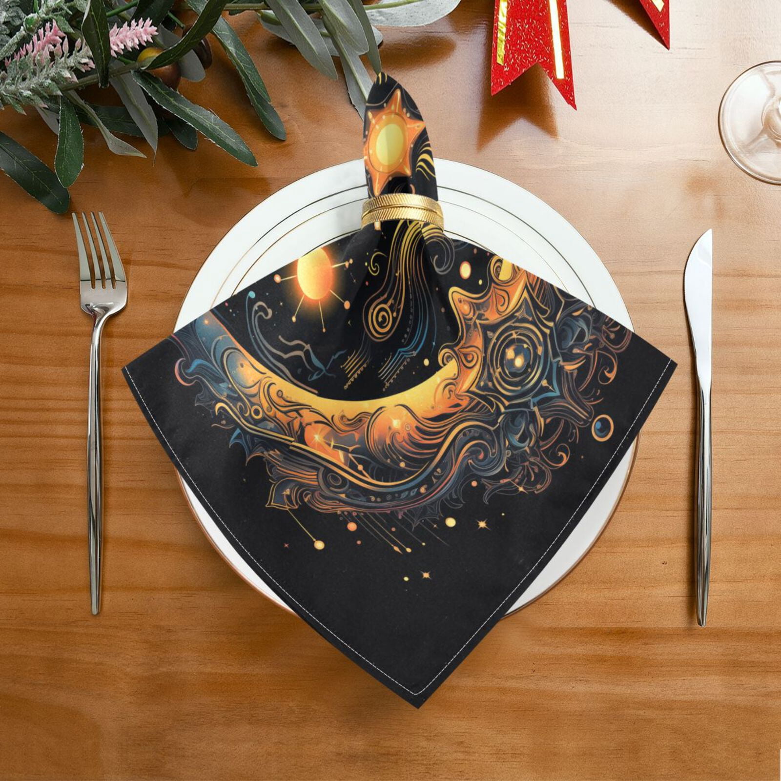 JSTEL Sun Moon Stars Alchemy Witchy Cloth Napkins Set of 6, 20x20 Inch Washable and Reusable Napkin for Decoupage Dinner Party Everyday Use