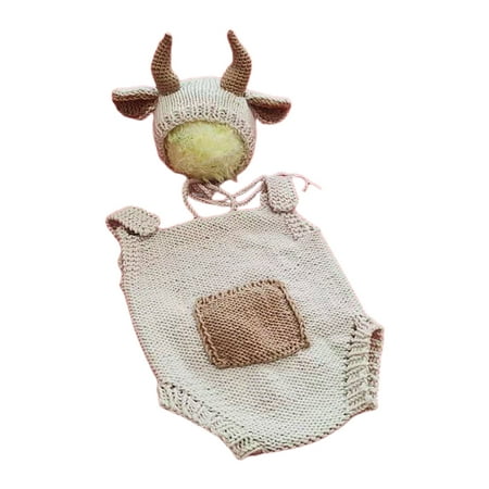 

2 Pcs Baby Knitted Cow Ears Hat Romper Set Newborn Photography Props Cap Jumpsuit Kit Infants Photo Shooting Clothing Outfits