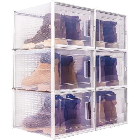 

Storage Shoe Box; Foldable Clear Sneaker Display Box; Stackable Storage Bins Shoe Container Organizer; 6 Pack - White; X-Large