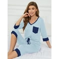 thumbnail image 6 of SHOWMALL Women Lounge Sets Light Blue S 3/4 Sleeves V-Neck Tops and Loose Capri Pants Comfy Pajama Set, 6 of 8