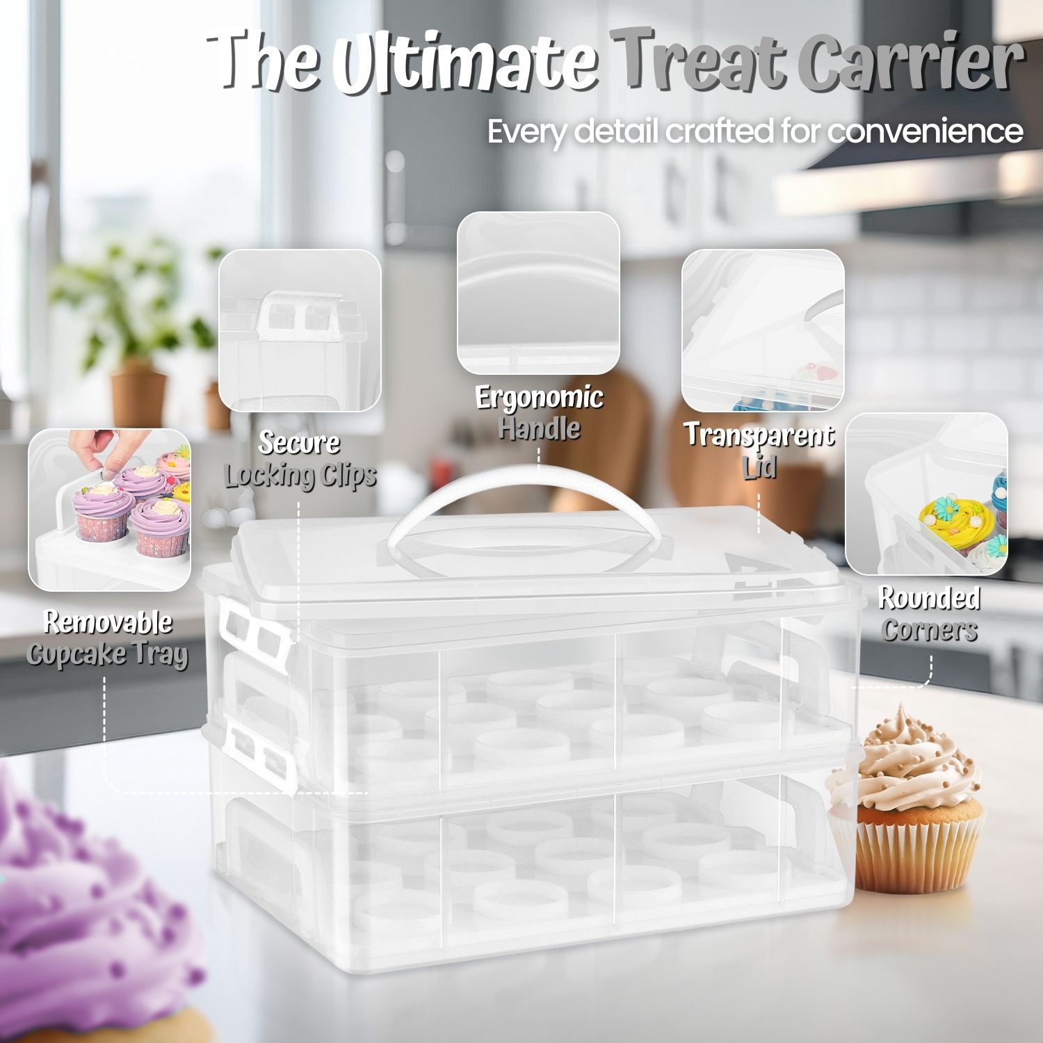 Cupcake Carrier Holder Container Box (24 Slot, 2 Tier) - 24 Cupcakes Slot or 2 Large Cakes Pastry Clear Plastic Storage Basket Taker Courier with 2 Tier Stackable Layer Insert (Clear)