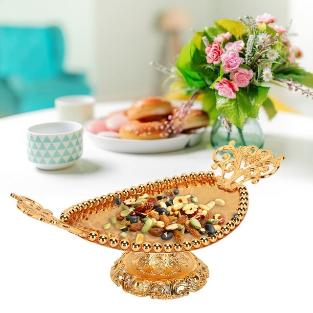 Serving Tray Engraved Texture Golden 8.5x24cm Alloy Decorative Practical Ellipse Beverage Serving Tray for Wedding