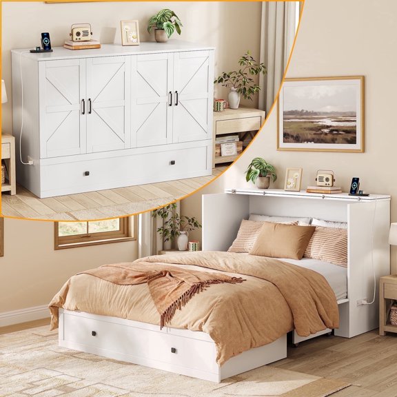 Farmhouse Murphy Bed With Storage and Build-in Charging Station For Bedroom,Guest Room, Queen Size