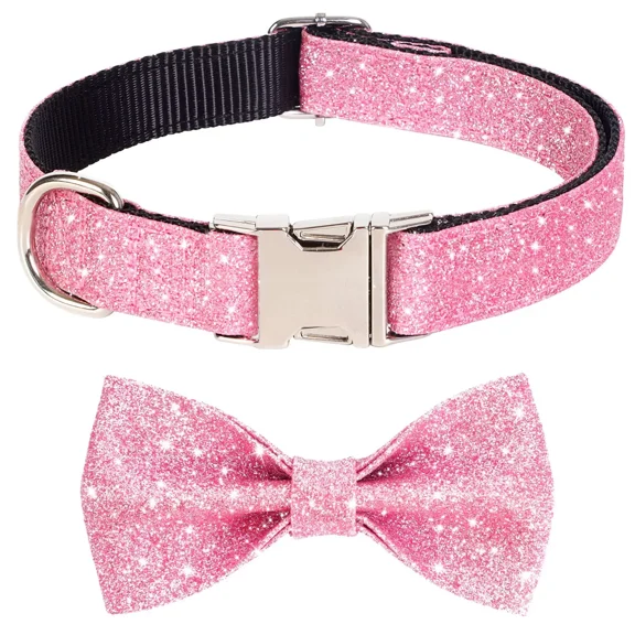 Jumpress Bling Dog Collar with Bow for Small Medium Dogs, Cute Girl Dog Bow Tie Collar (Pink, XS)