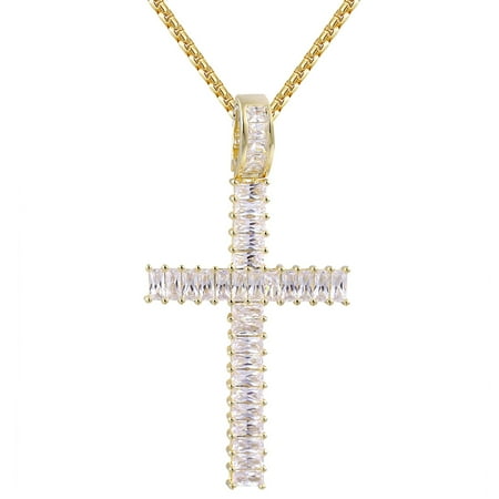 - Designer Baguette Single Row Cross 14K Gold Finish Pendant Chain